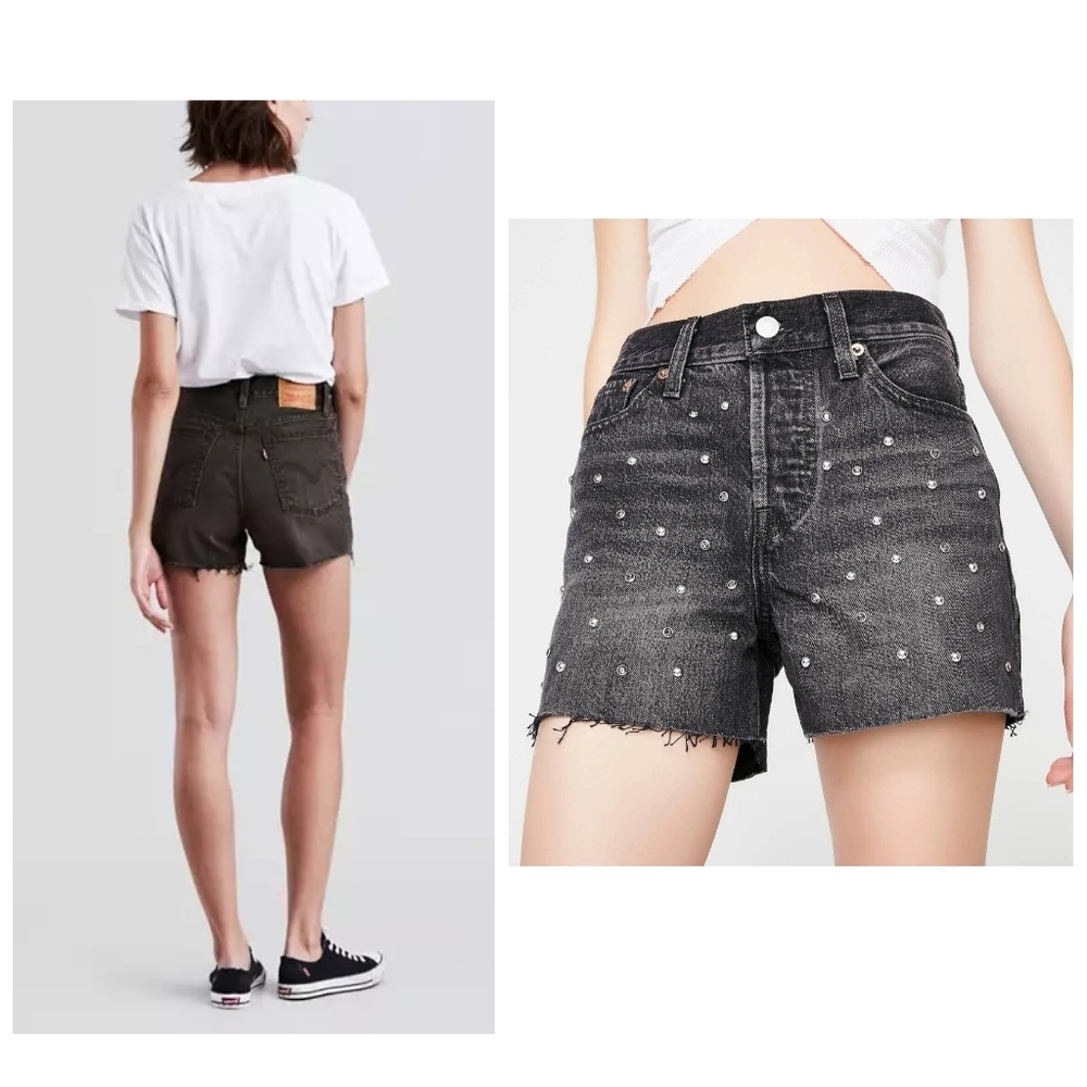 Levi’s Boho Studded Distressed Faded Black Gray High Rise Wedgie Jean Shorts 27